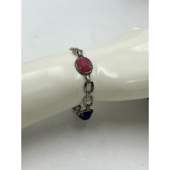 Scarab Multicolor Sterling Silver Bracelet Pinks Purples Fold Over Clasp - Picture 3 of 10